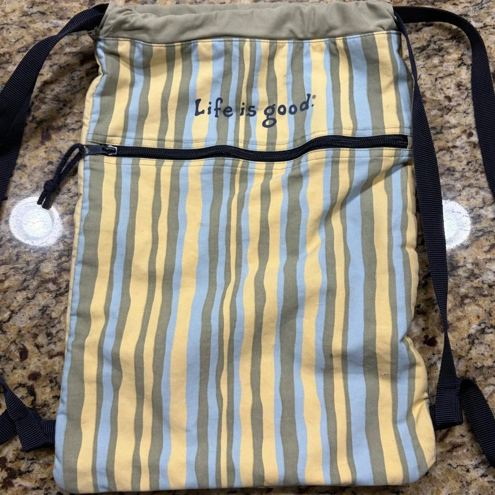 Life is Good Canvas Drawstring Backpack Striped Cinch Bag Yellow Blue Green Jake